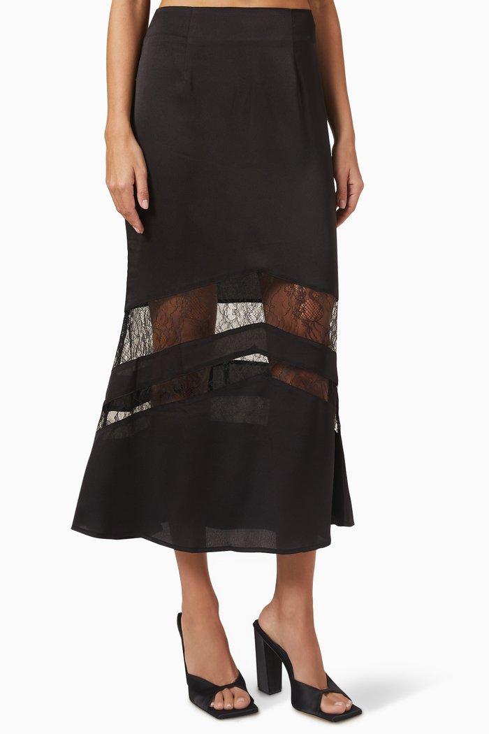

Lace-trimmed Midi Skirt in Satin, Black