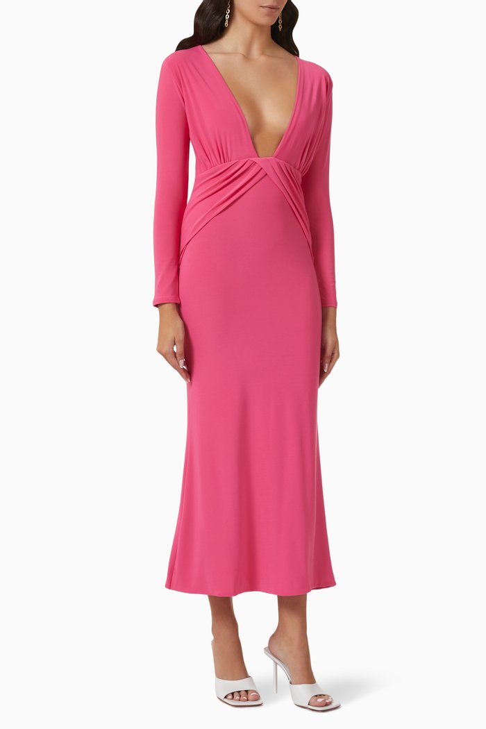 

Plunge-neck Draped Midi Dress, Pink
