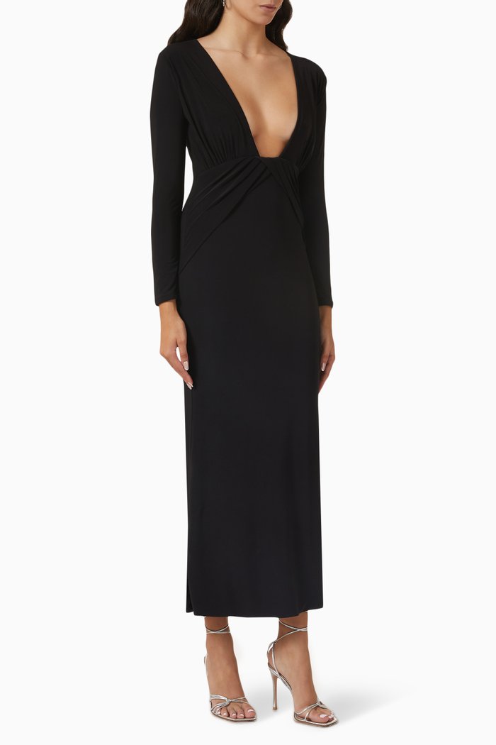 

Plunge-neck Draped Midi Dress, Black