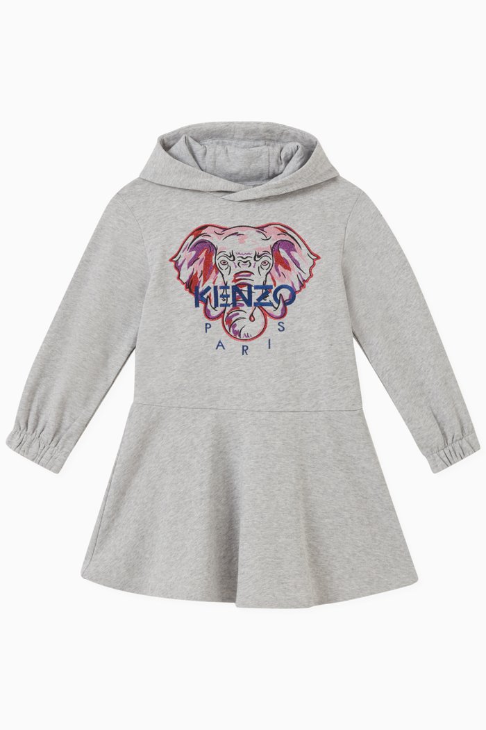 

Elephant Logo Hooded Dress in Cotton, Grey