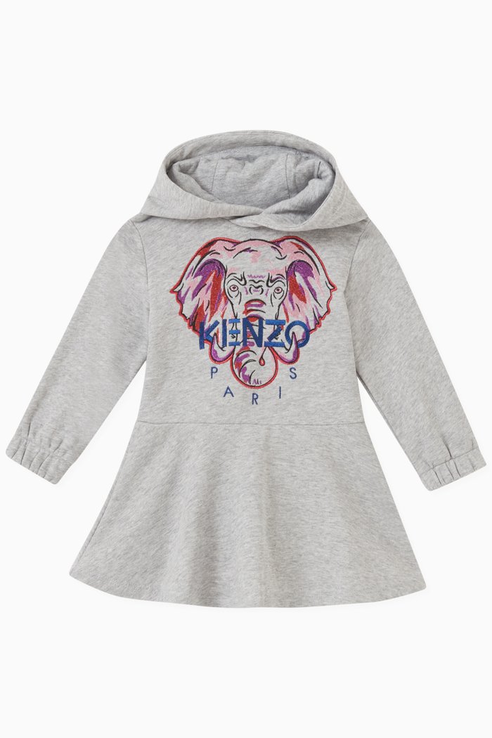 

Elephant Logo Hooded Dress in Cotton, Grey