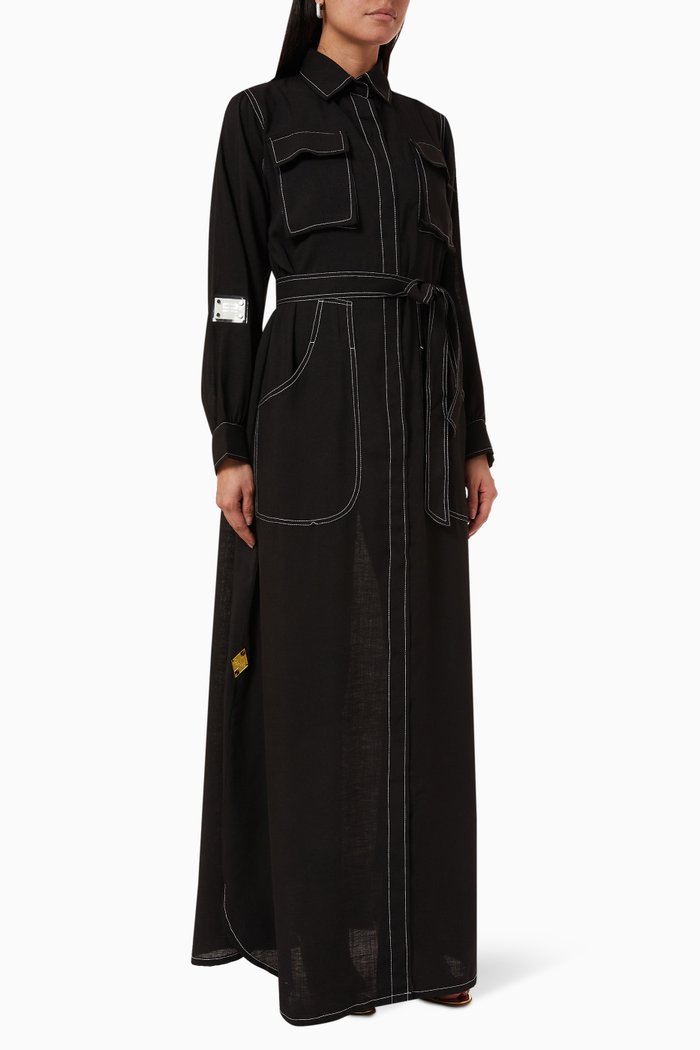 

Contrast Threadwork Abaya in Linen, Black