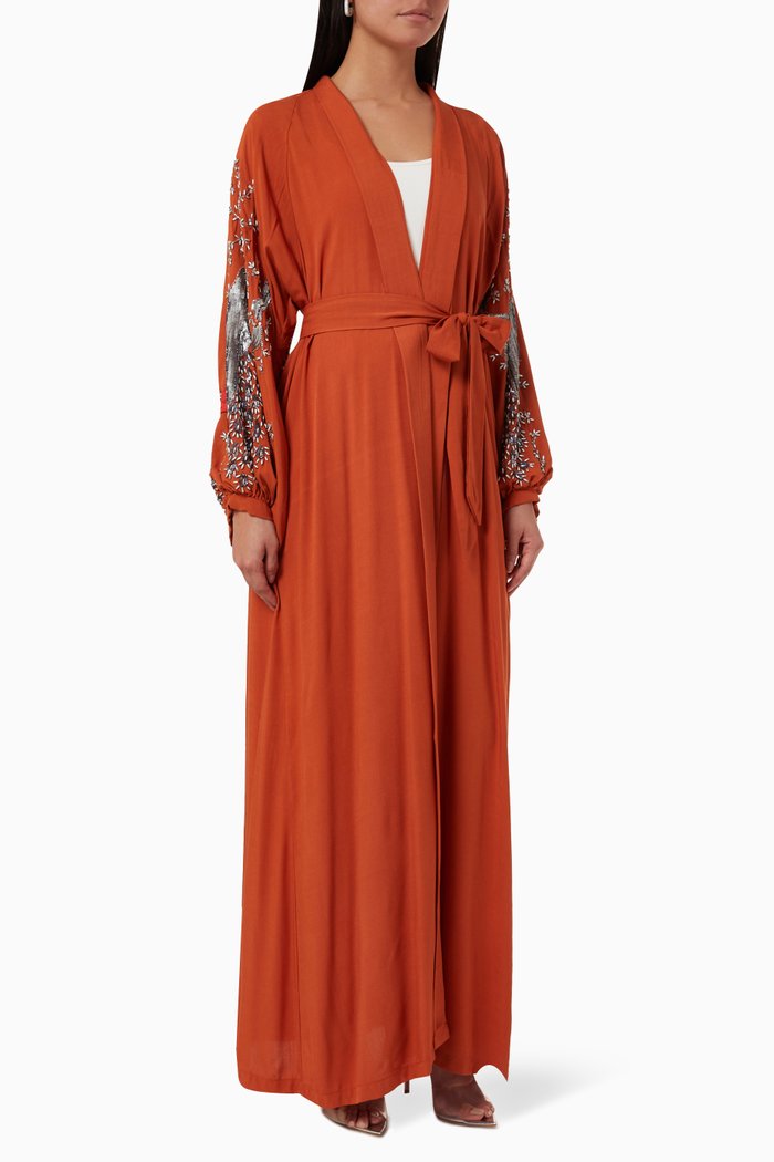 

Embroidered Peacock Abaya in Linen, Orange
