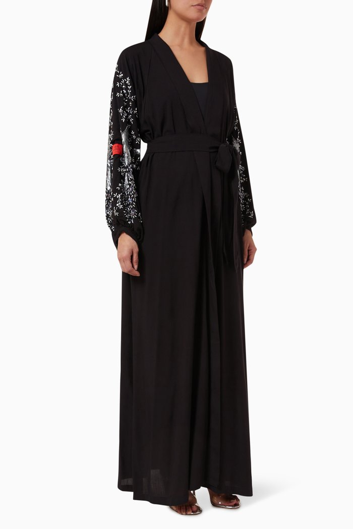 

Embroidered Peacock Abaya in Linen, Black