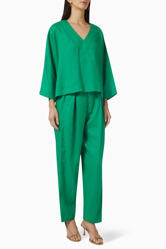 Top & Pants Set in Linen, Green