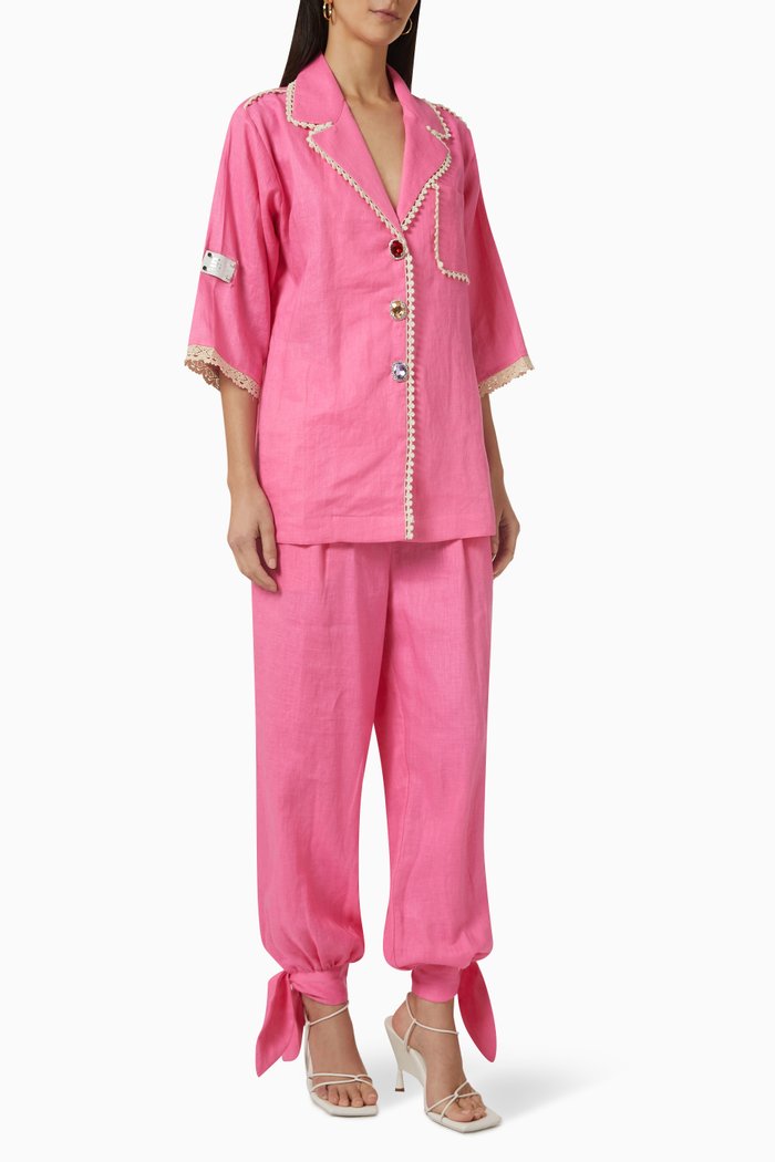 Embellished Top & Pants Set in Linen, Pink