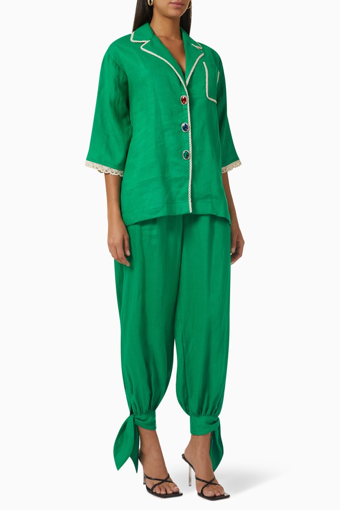 Embellished Top & Pants Set in Linen, Green