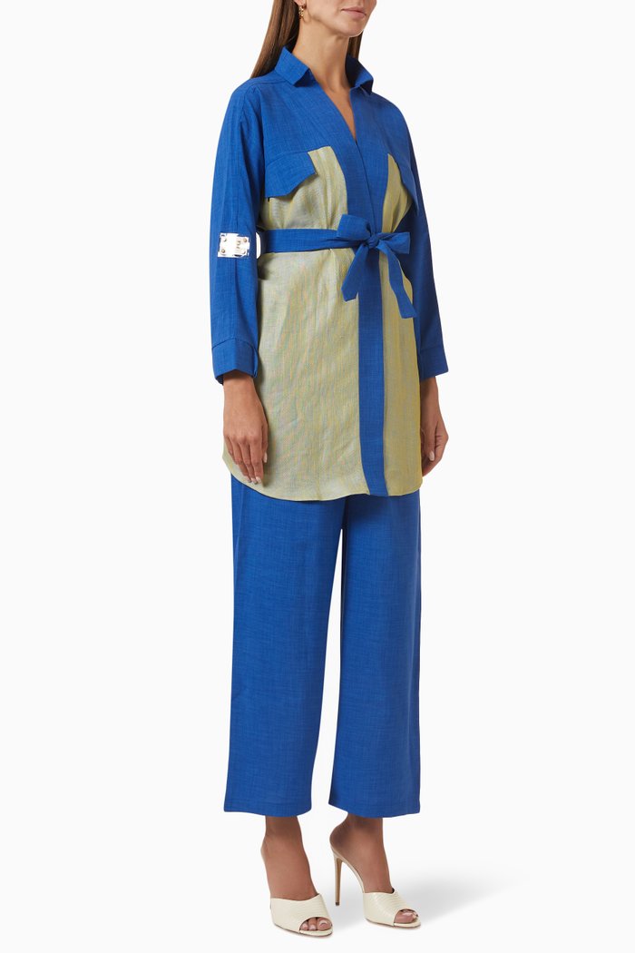 

Frill Jacket & Pants Set in Cotton, Blue