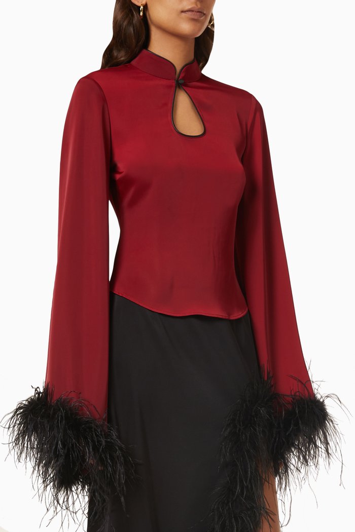 

Genevieve Feather-trimmed Top in Satin, Burgundy
