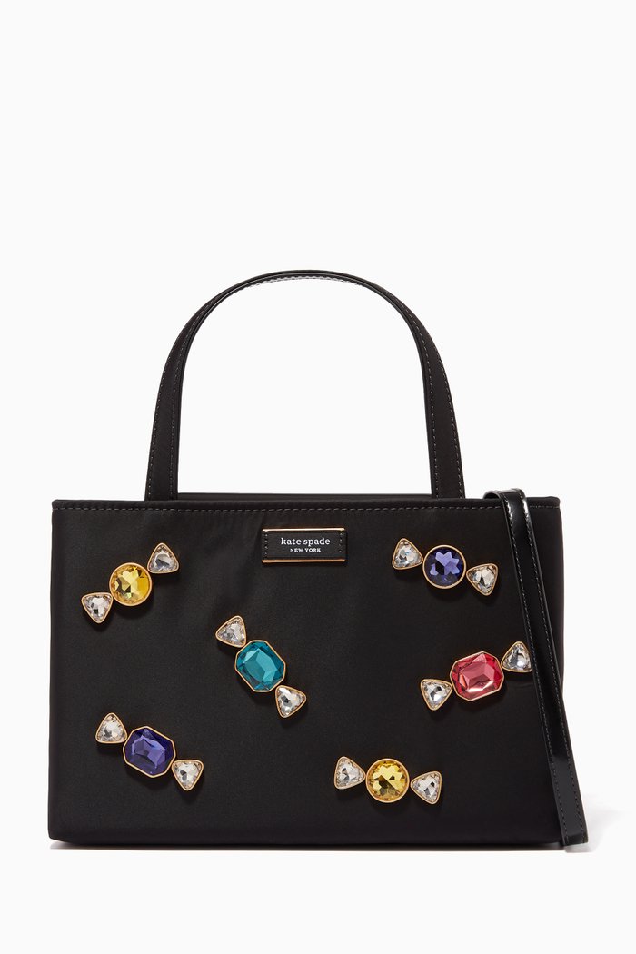

Embellished Tote Bag in Satin, Black