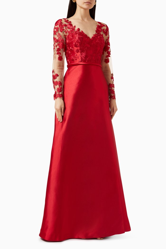 

Embroidered A-line Gown in Mikado & Tulle, Red