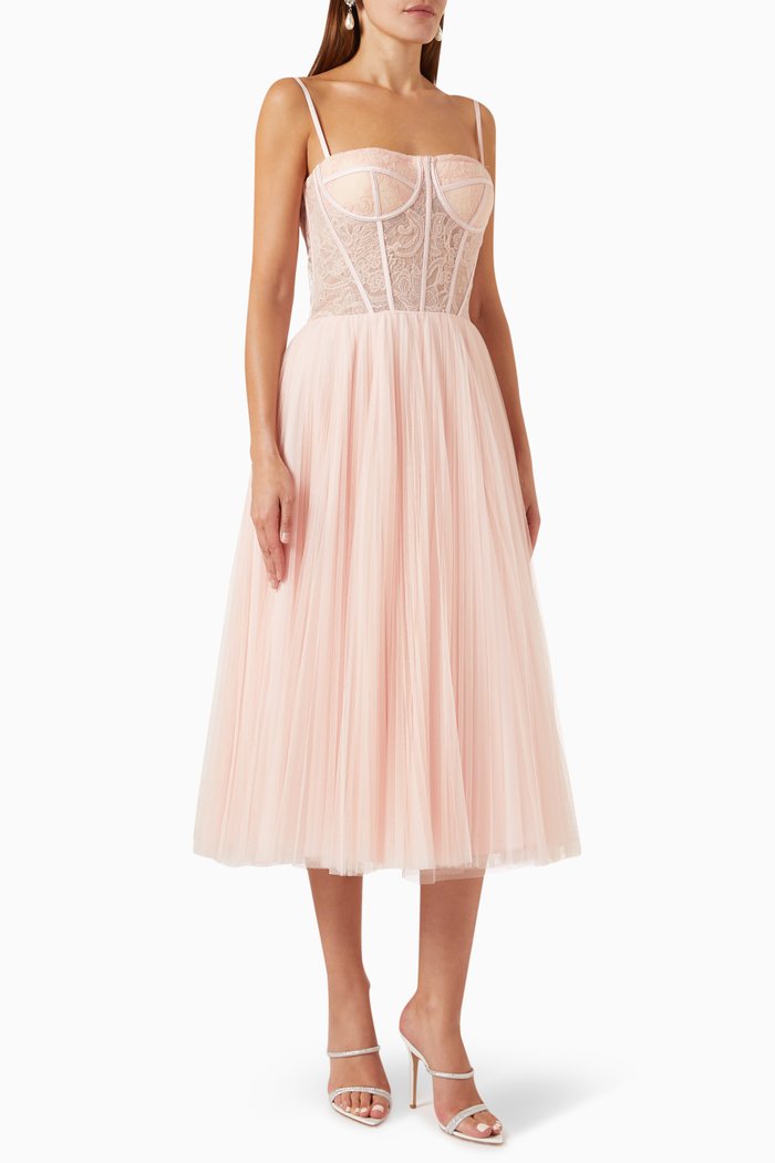 

Corset Midi Dress in Lace & Tulle, Pink