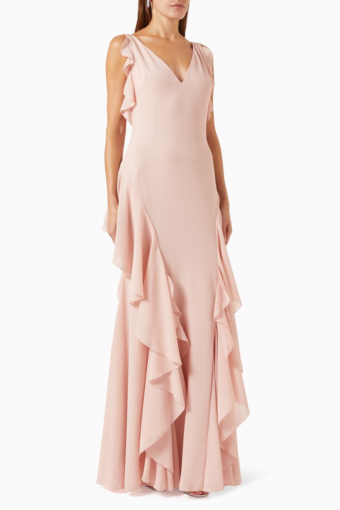 

V-neck Ruffled Gown in Georgette, Pink