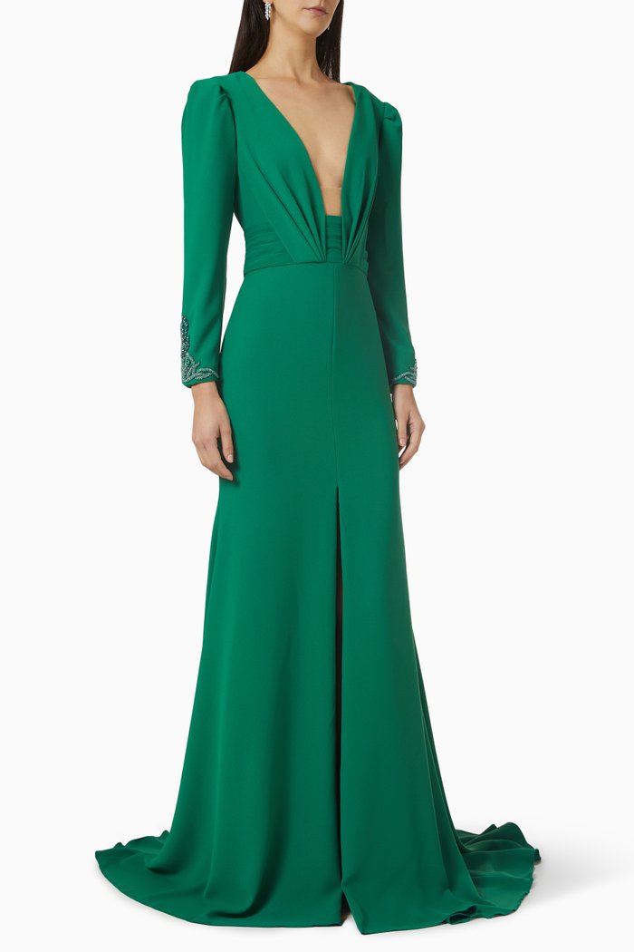 

Embellished Gown in Crepe, Green