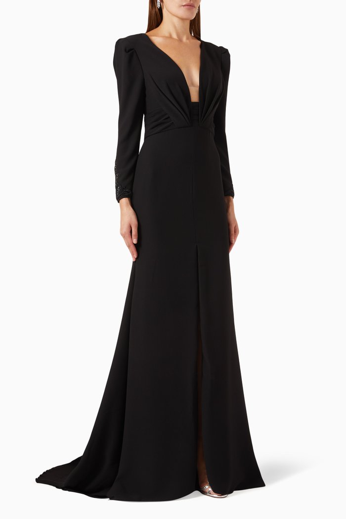 

Embellished Plunge-neck Gown in Crepe, Black