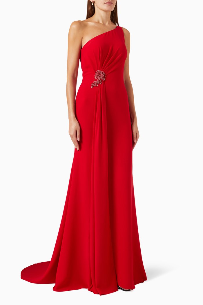 

One-shoulder Embellished Gown in Crepe, Red