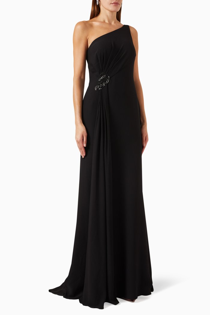

One-shoulder Embellished Gown in Crepe, Black