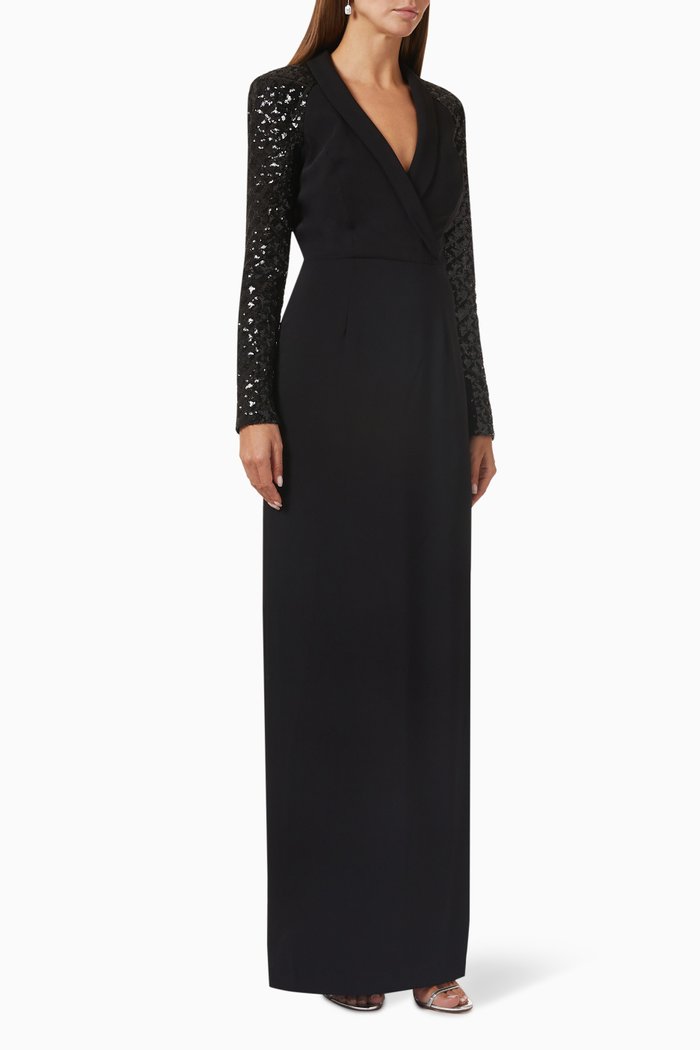 

Tuxedo Embellished-sleeve Gown in Crêpe, Black