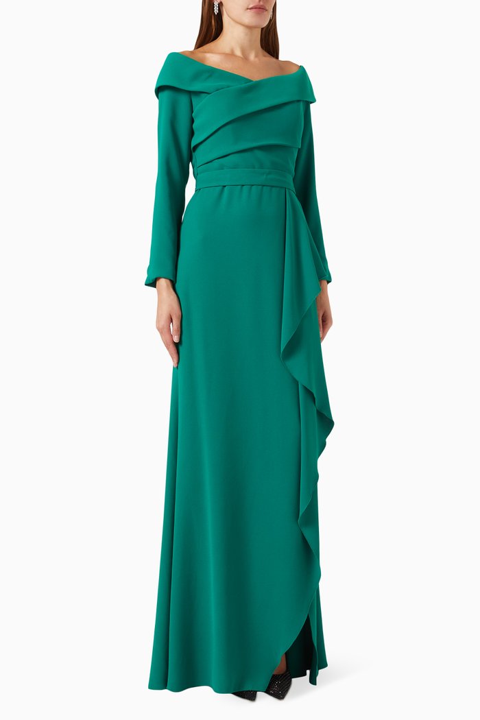 

Draped Off-shoulder Gown in Crepe, Green