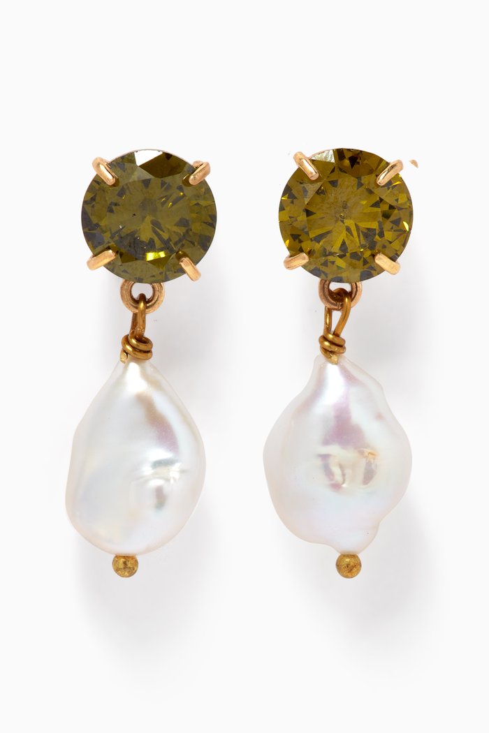 Lee Pearl Drop Earrings in Gold-plated Metal, Green