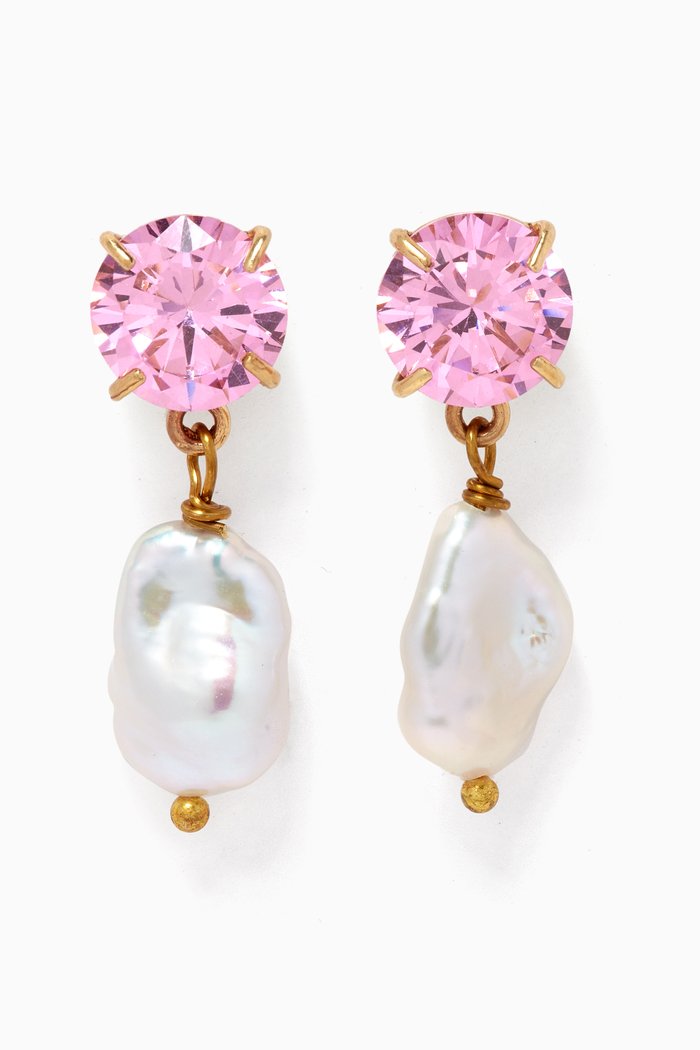 Lee Pearl Drop Earrings in Gold-plated Metal, Pink