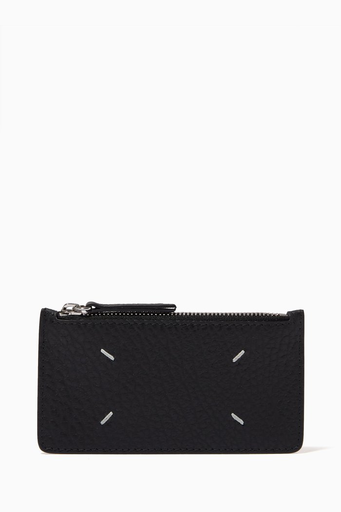 

Four Stitch Zippered Card Holder in Leather, Black