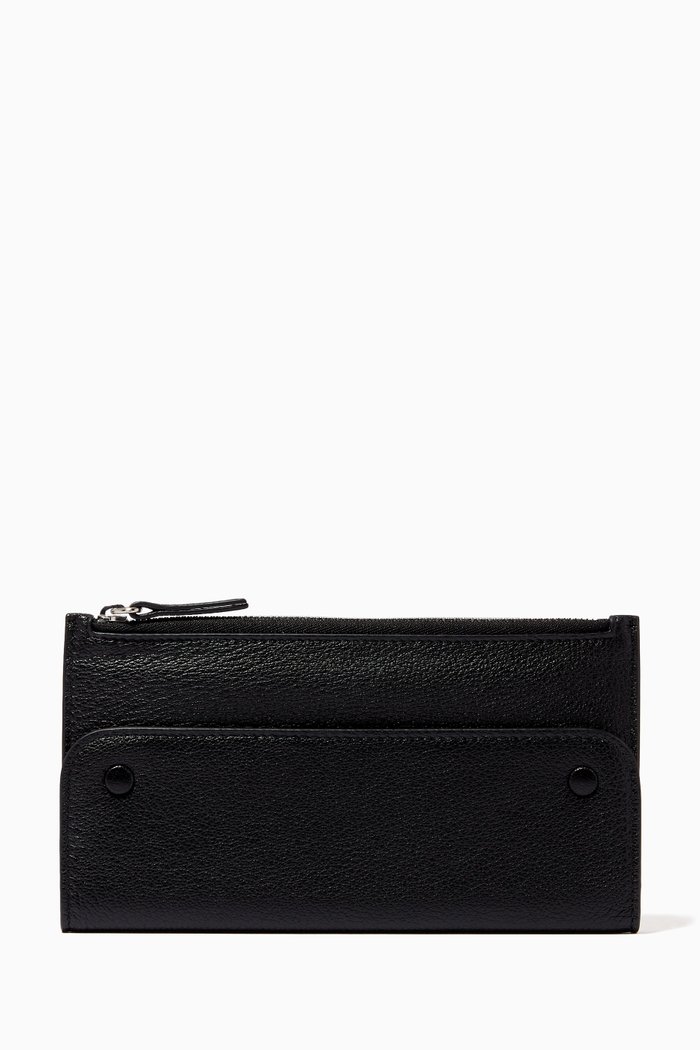 

Four Stitch Long Zippered Wallet in Leather, Black