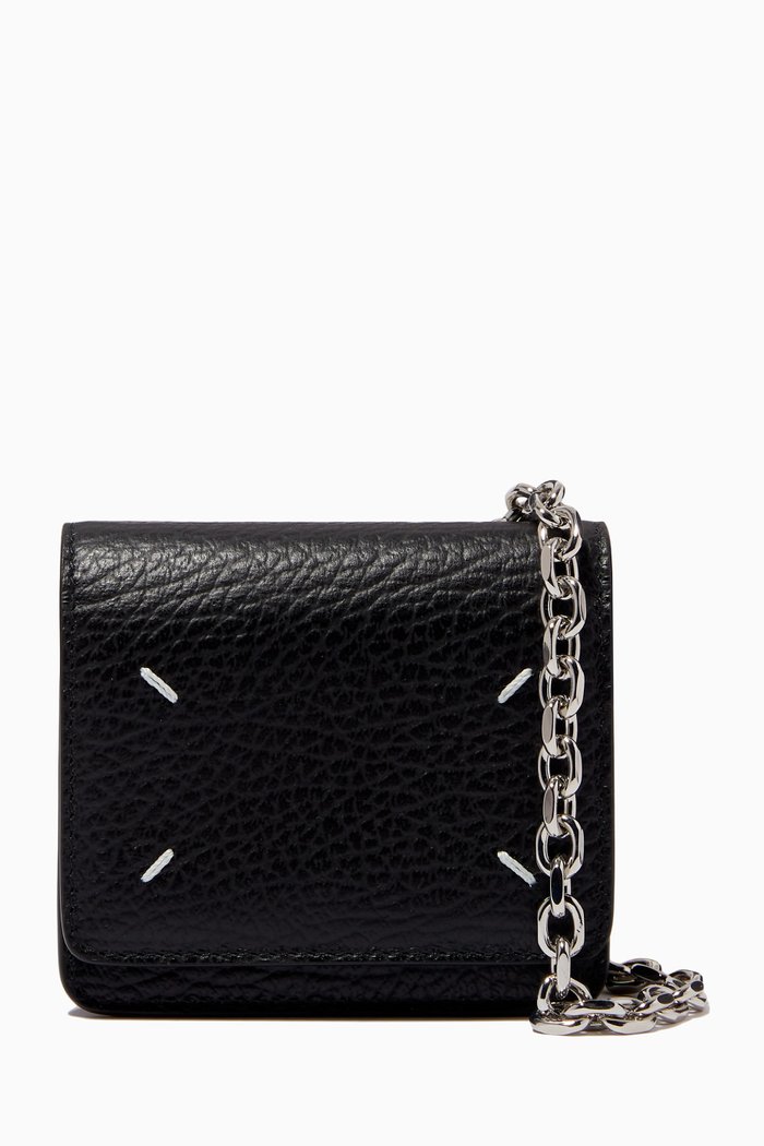 

Four Stitch Chain Wallet in Leather, Black