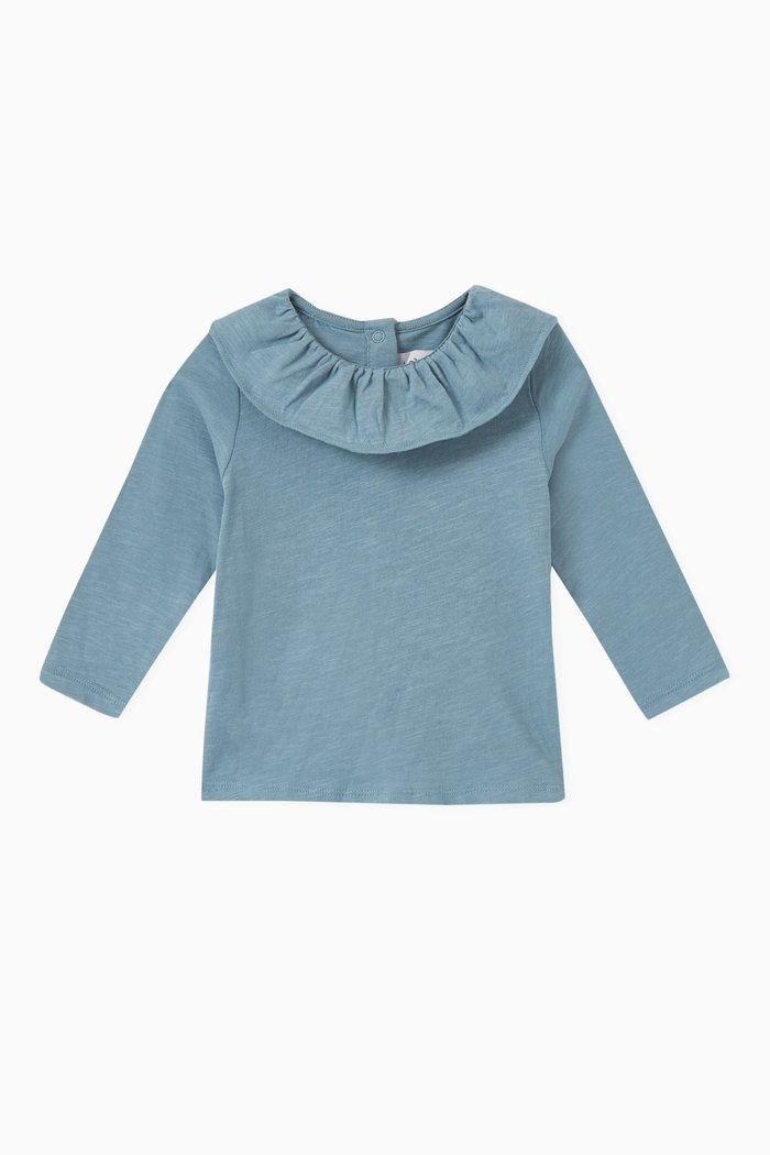

Ruffle Collar Blouse in Cotton, Blue