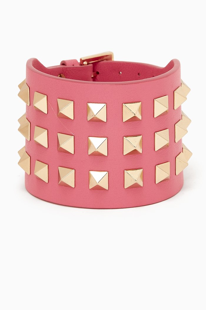 

Rockstud Wide Bracelet in Leather, Pink