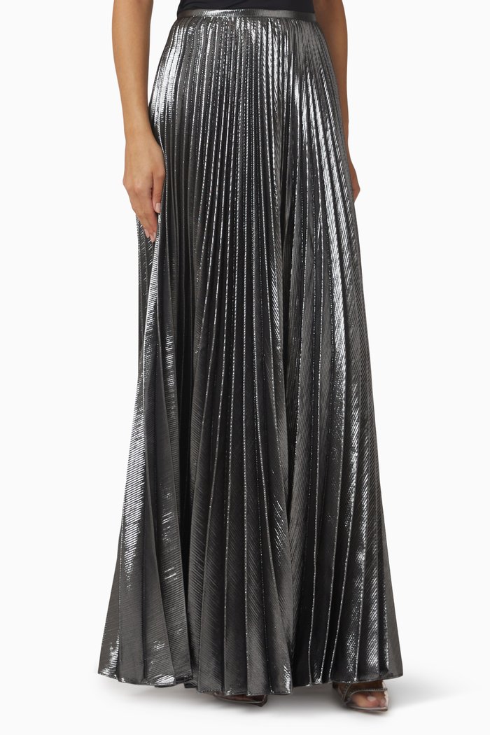 

Henley Pleated Maxi Skirt in Metallic-crepe, Silver