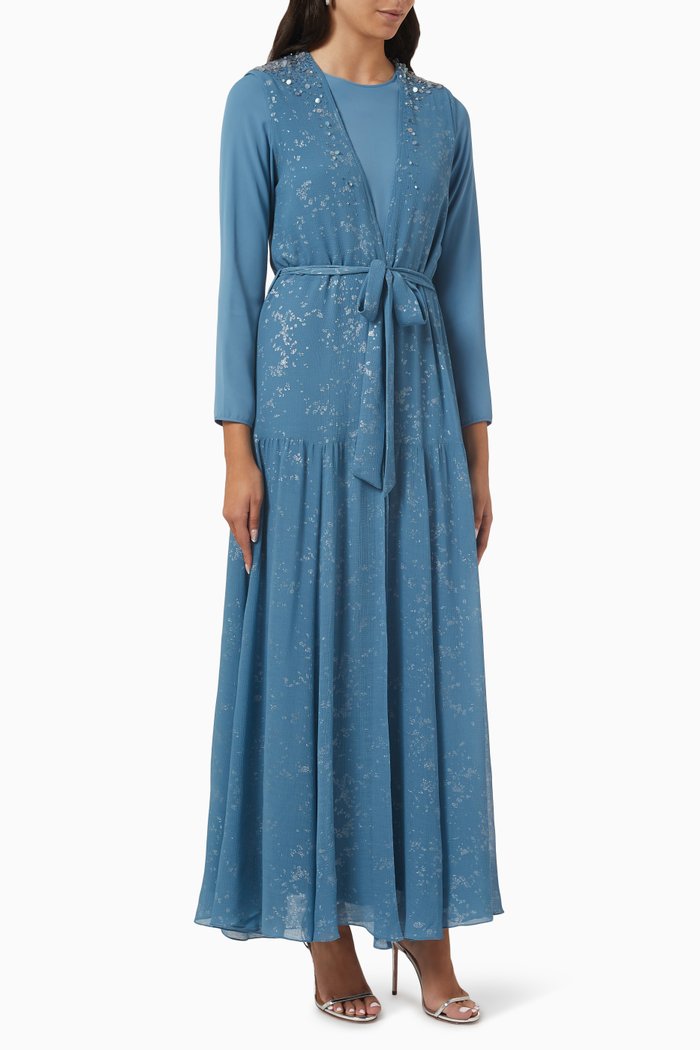 

Long Sleeve Belted Kaftan in Crepe, Blue