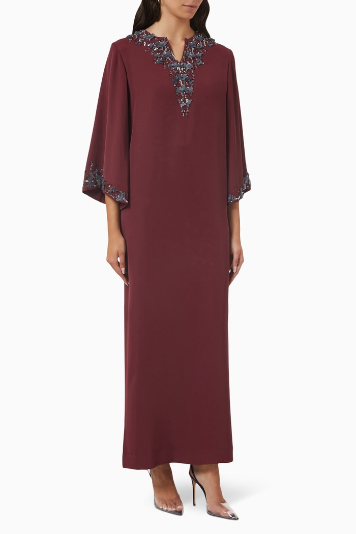 

Embellished Kaftan in Crepe, Burgundy