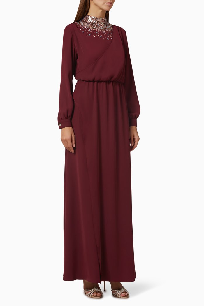Embellished-neck Kaftan, Red