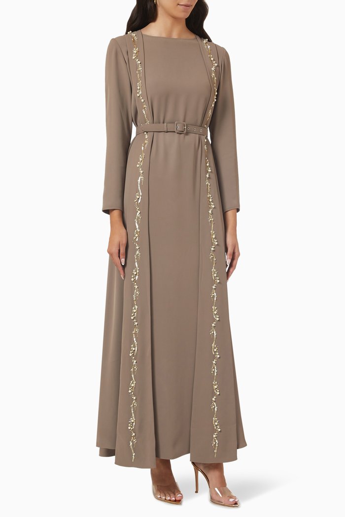 

Embellished Belted Kaftan in Crepe, Green