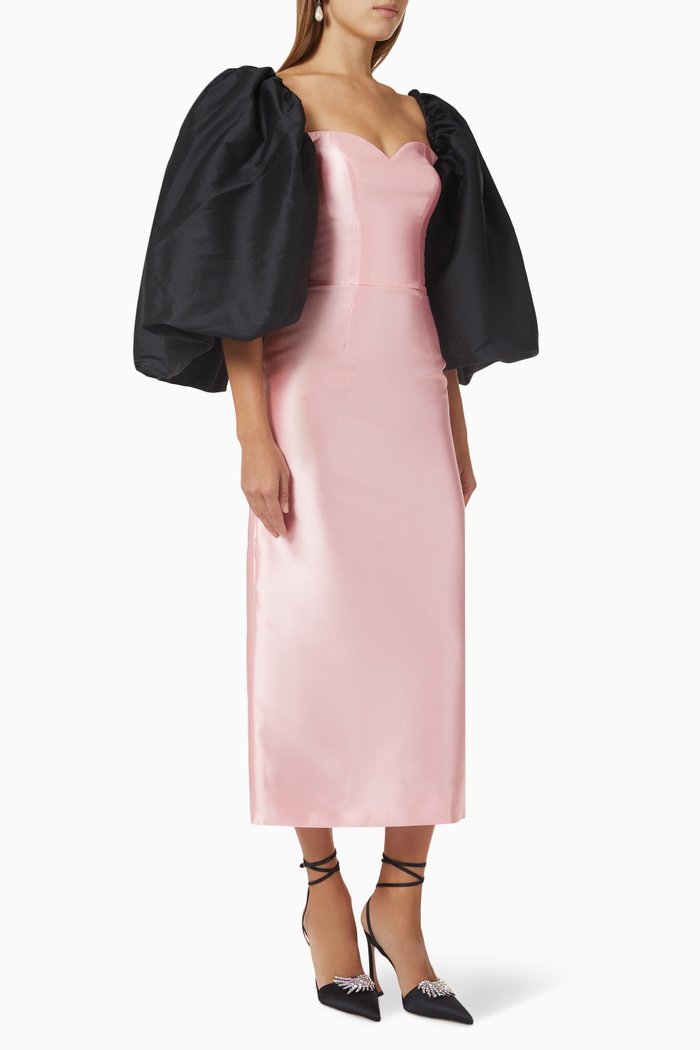 Marilyn Puff-sleeve Midi Dress in Mikado-satin & Taffeta, Pink