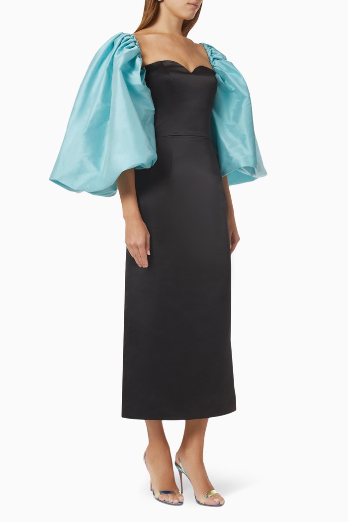 

Marilyn Puff-sleeve Midi Dress in Mikado-satin & Taffeta, Blue