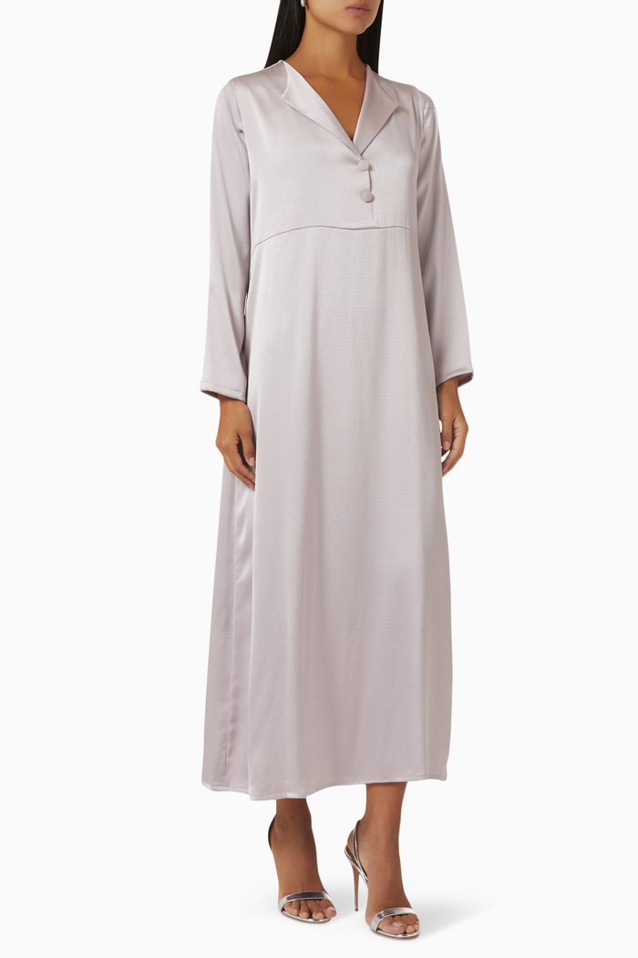 

Long Sleeve Collared Dress in Satin, Pink