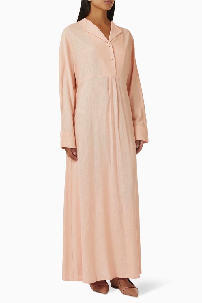 

Long Sleeve Collared Dress in Linen, Pink