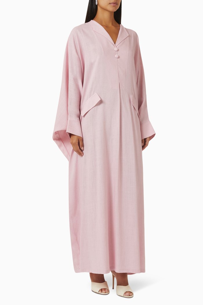 

Long Sleeve Collared Dress in Linen, Pink