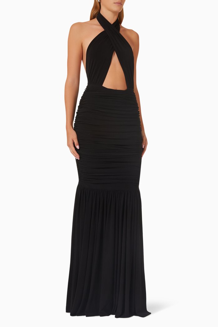 

Cross Halter Fishtail Gown in Stretch Crepe, Black
