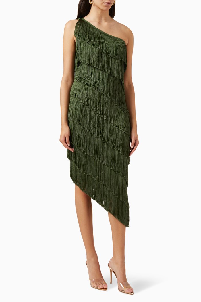 One-shoulder Fringe Dress, Green