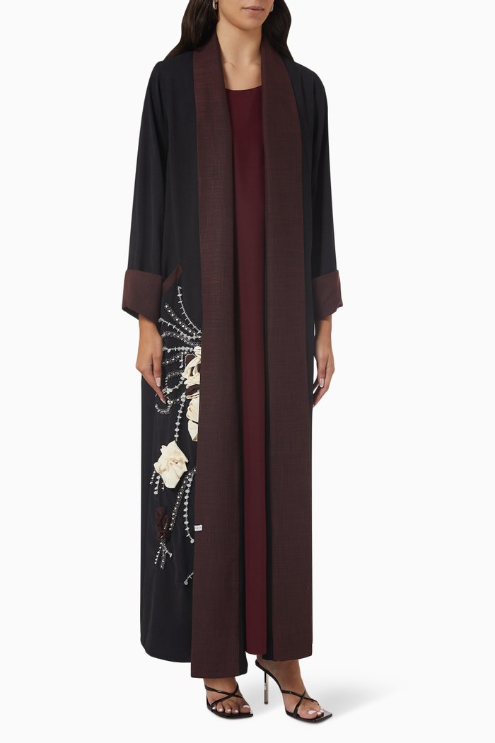 

Abstract Floral Art Abaya Set in Linen, Black