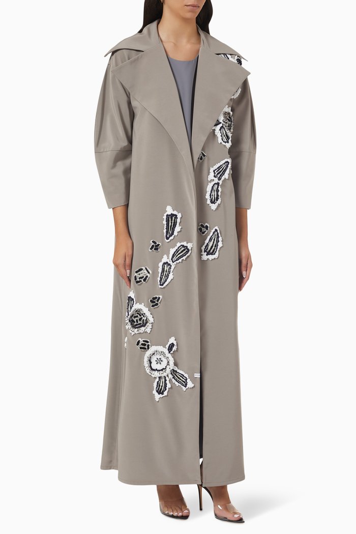 

Floral Appliqué Dimensional Abaya Set in Satin, Grey
