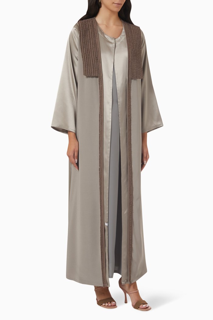

Collar Fringes Abaya Set in Satin, Grey