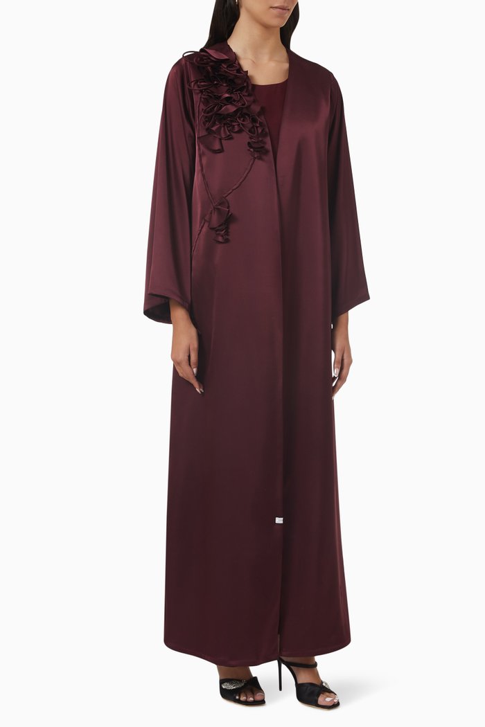 Floral Petals Abaya Set in Satin, Red