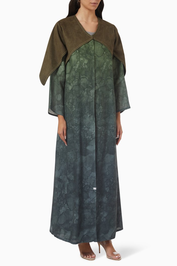 

Ombre Abaya Set in Linen & Velvet, Green