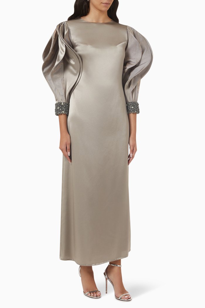 Petal-sleeves Maxi Dress in Satin, Grey