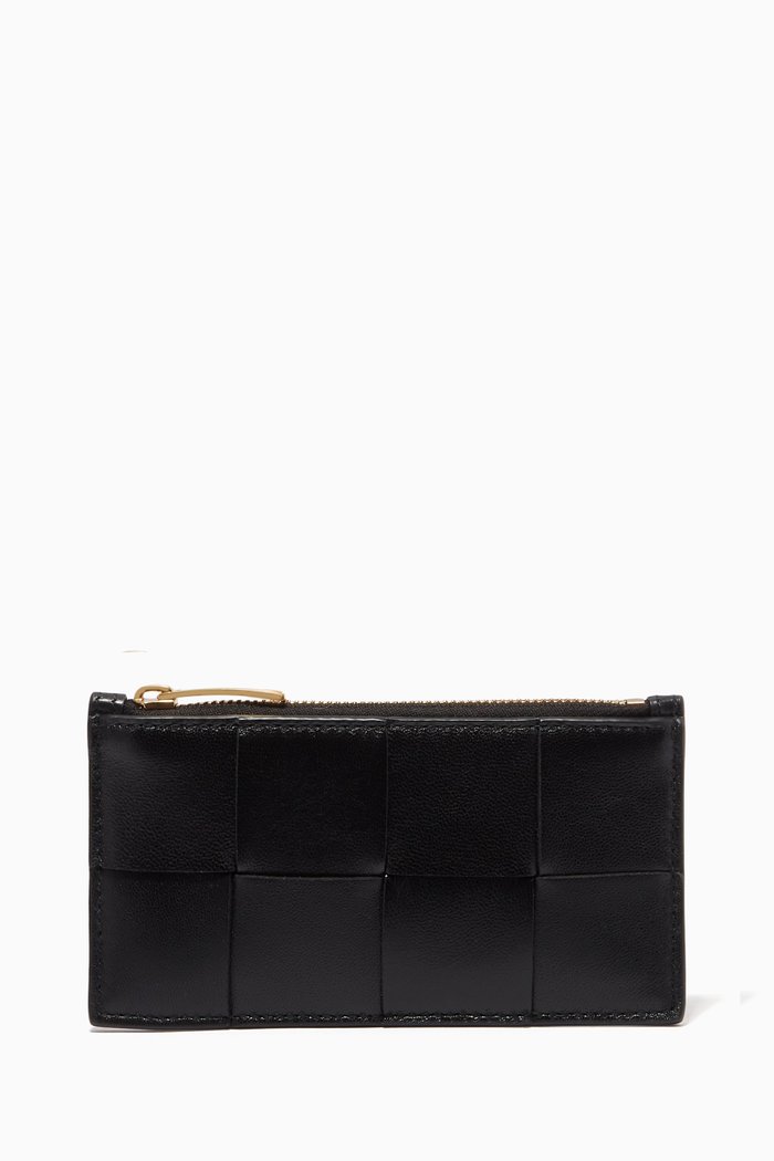 Zipped Card Case in Intreccio Leather, Black