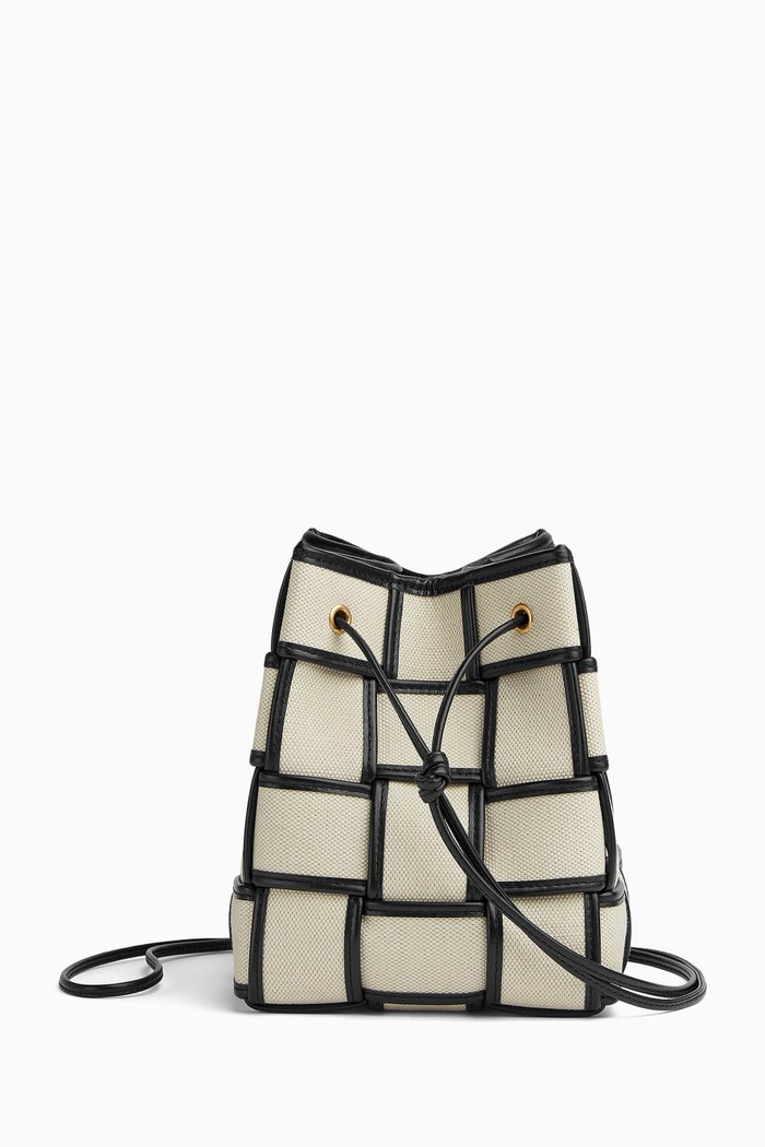 

Small Cassette Bucket Bag in Intreccio Canvas & Leather, Neutral